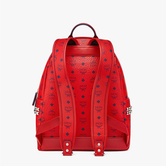 MCM Stark Side Studded Red Visatos Monogram Backpack with Leather Trim - Picture 15 of 16